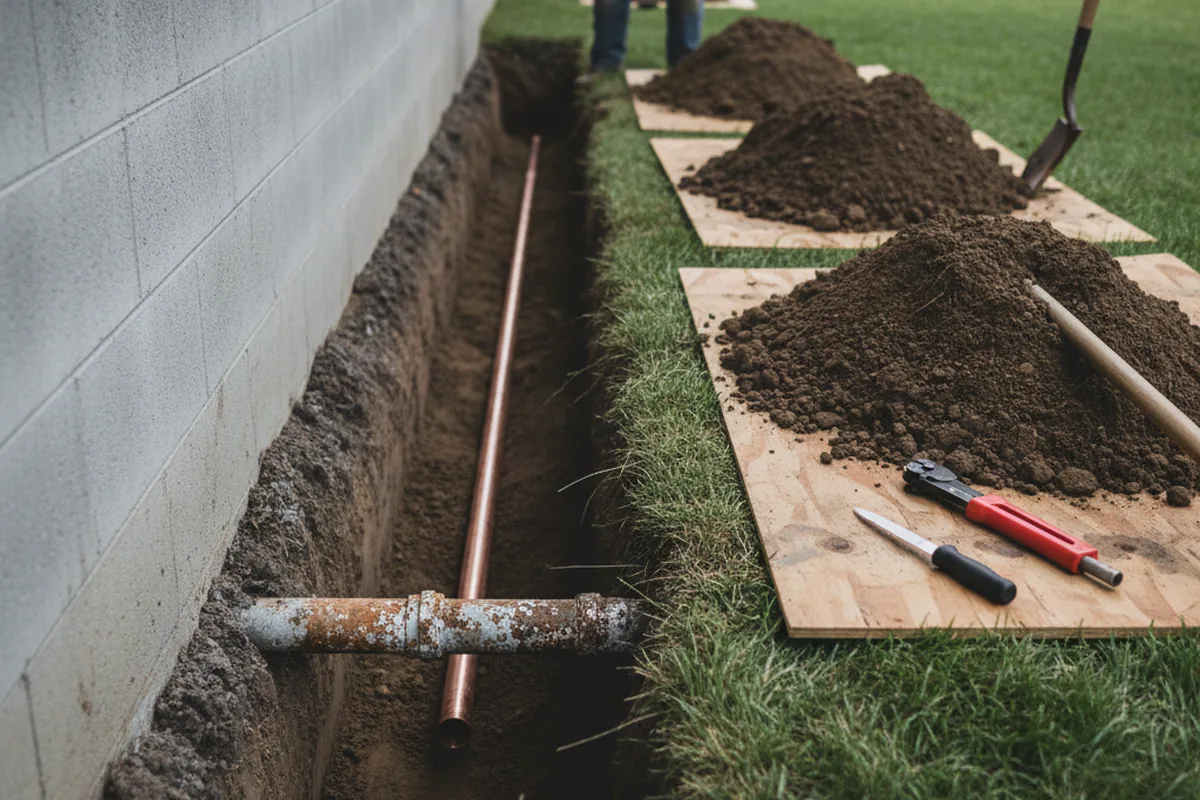 Excavated water line trench during Water Softener Installation in Kenansville